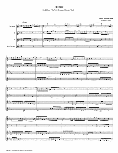 Prelude 18 from Well-Tempered Clavier, Book 1 (Clarinet Quartet) (arr. Richard Byrnes)