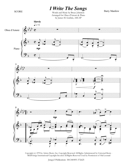 I Write The Songs (arr. James M. Guthrie, ASCAP)