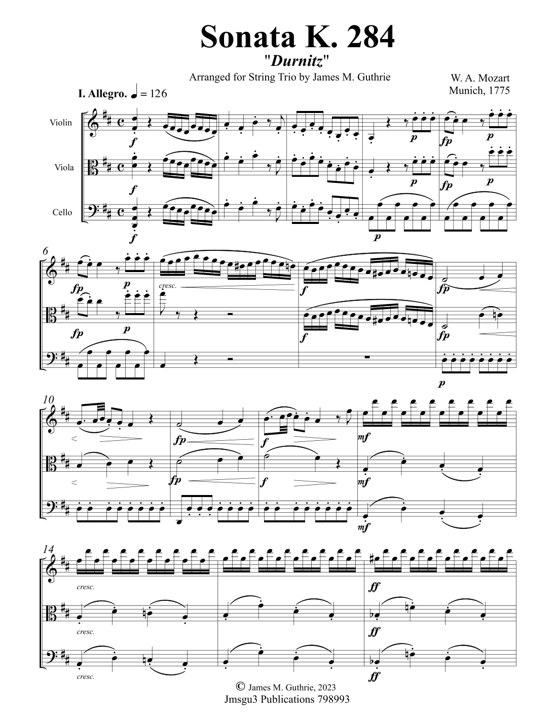 Mozart: The 5 Named Sonatas Complete for String Trio - Score Only (arr. James M. Guthrie, ASCAP)