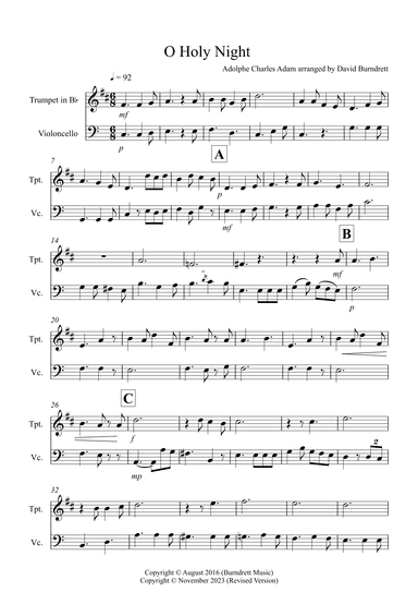O Holy Night for Trumpet and Cello Duet (arr. David Burndrett)