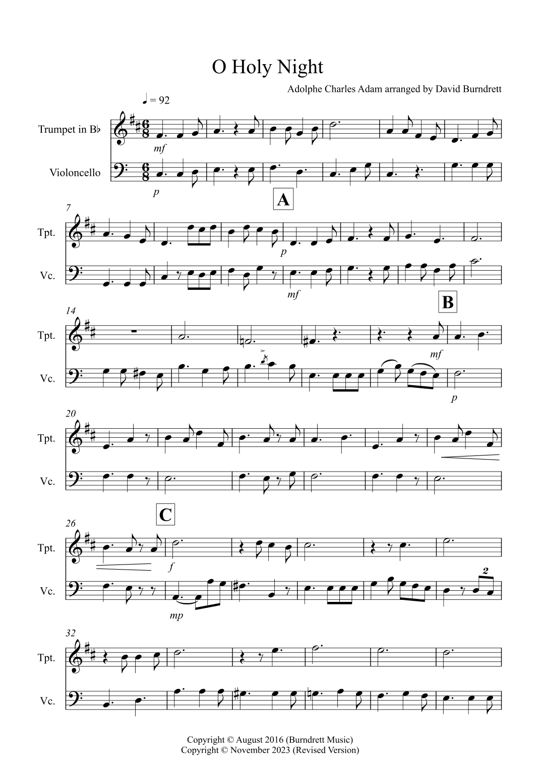 O Holy Night for Trumpet and Cello Duet (arr. David Burndrett)