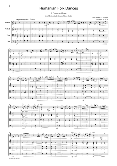 Bartok  Rumanian Folk Dances, for string quartet, CB601 (arr. FCMUSIC)