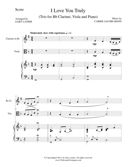 I LOVE YOU TRULY (Trio – Bb Clarinet, Viola, and Piano with Score and Parts) (arr. Gary Lanier)