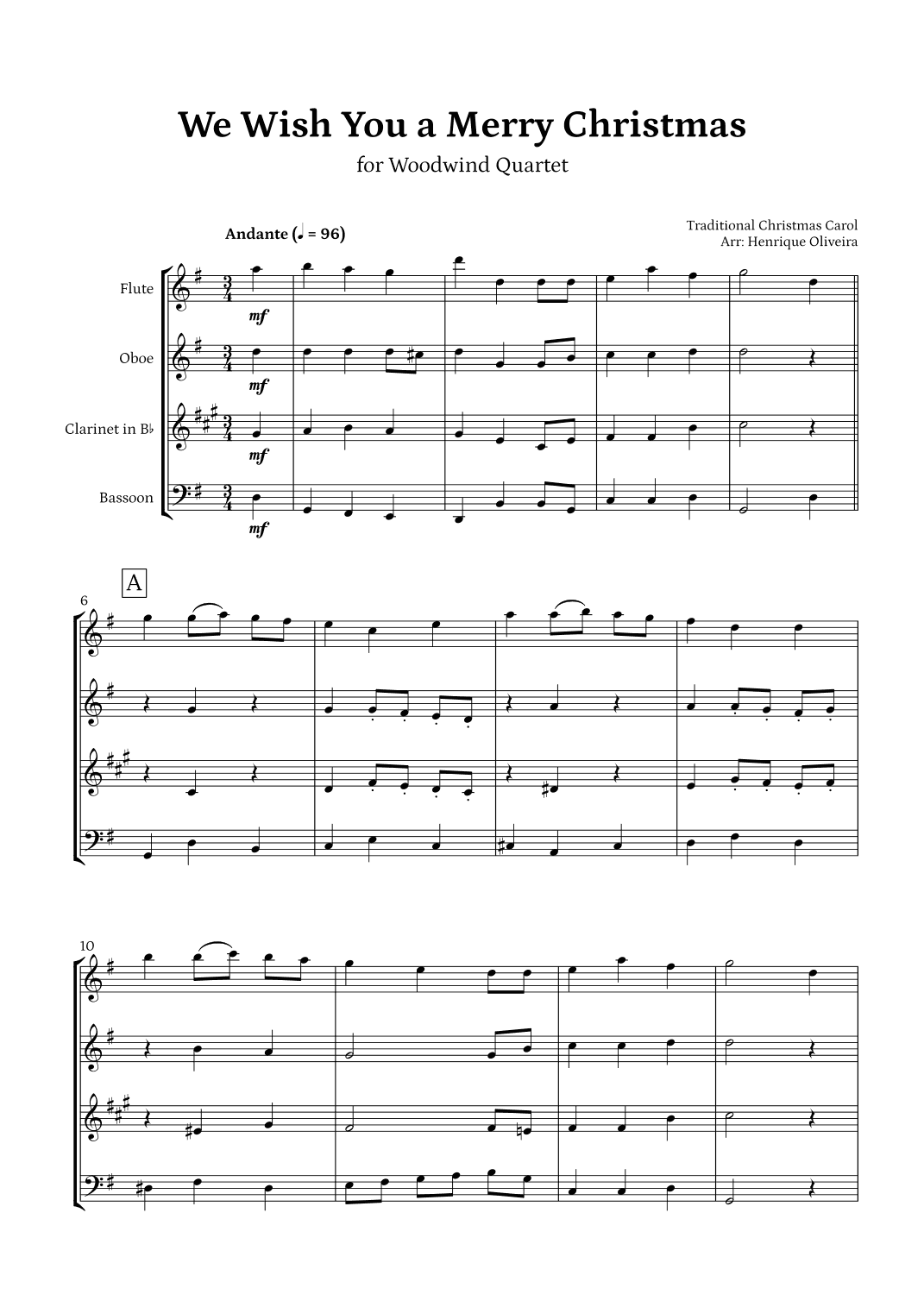 We Wish You a Merry Christmas (Woodwind Quartet) - Intermediate Level (arr. Henrique Oliveira)