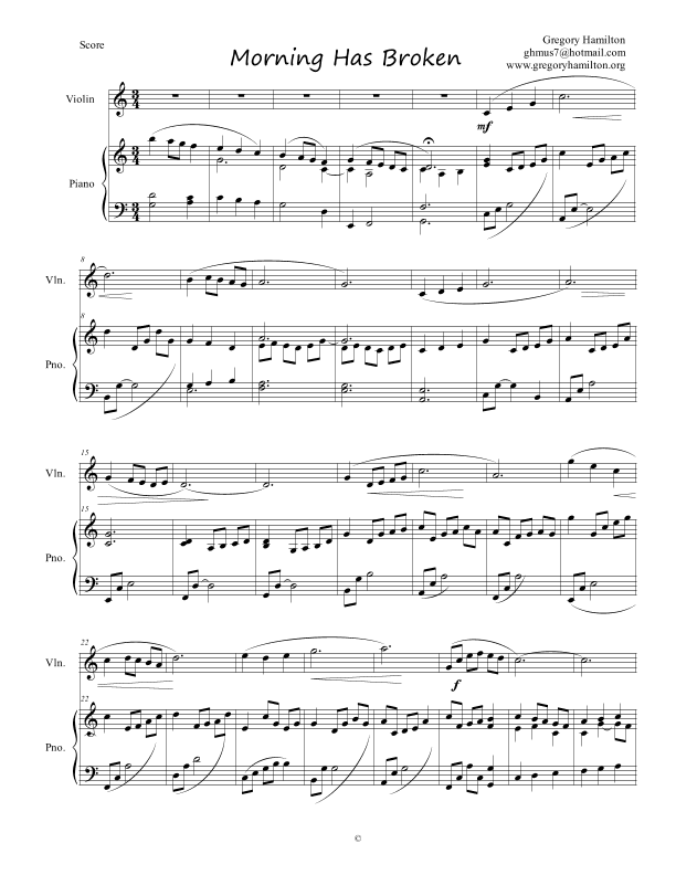 Morning Has Broken (Bunessan) for Violin and Piano