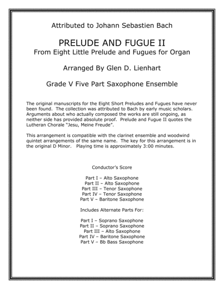 Prelude and Fugue II (Saxophone) (arr. Glen D. Lienahrt)