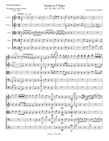Sonata in F Major no. 332 - Extra Score (arr. Glen D. Lienhart)