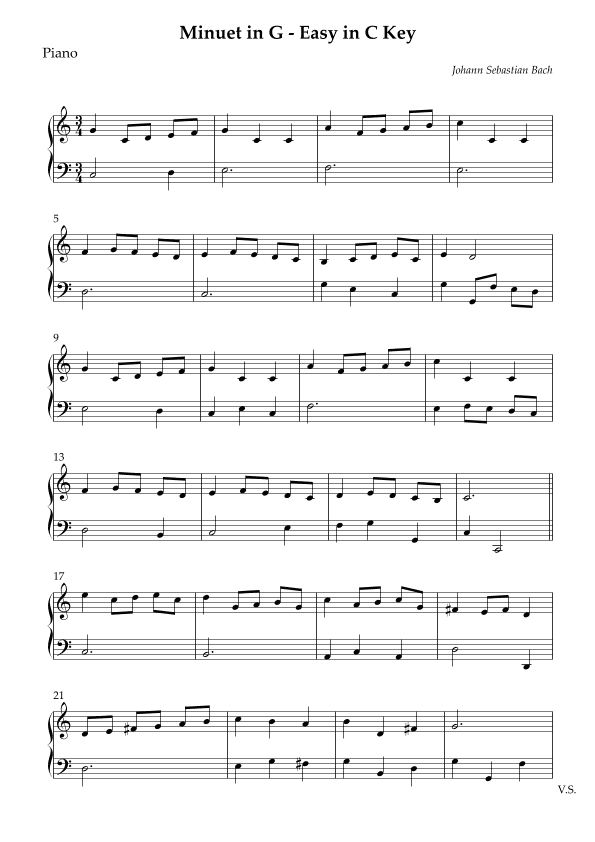 Minuet in G - Easy in C Key (arr. Wesley S. SIlva)