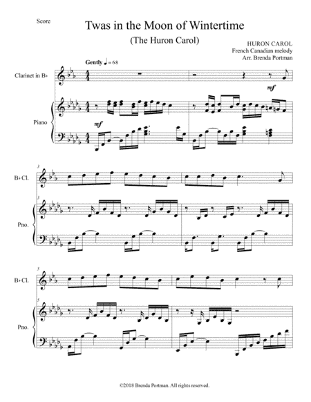 Twas in the Moon of Wintertime/The Huron Carol (Bb clarinet/piano), arr. Brenda Portman (arr. Brenda Portman)