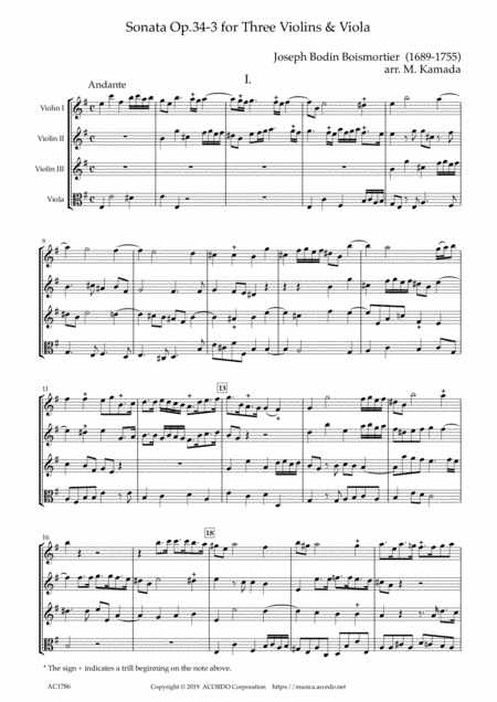 Sonata Op.34-3 for Three violins & Viola (arr. Mikio Kamada)