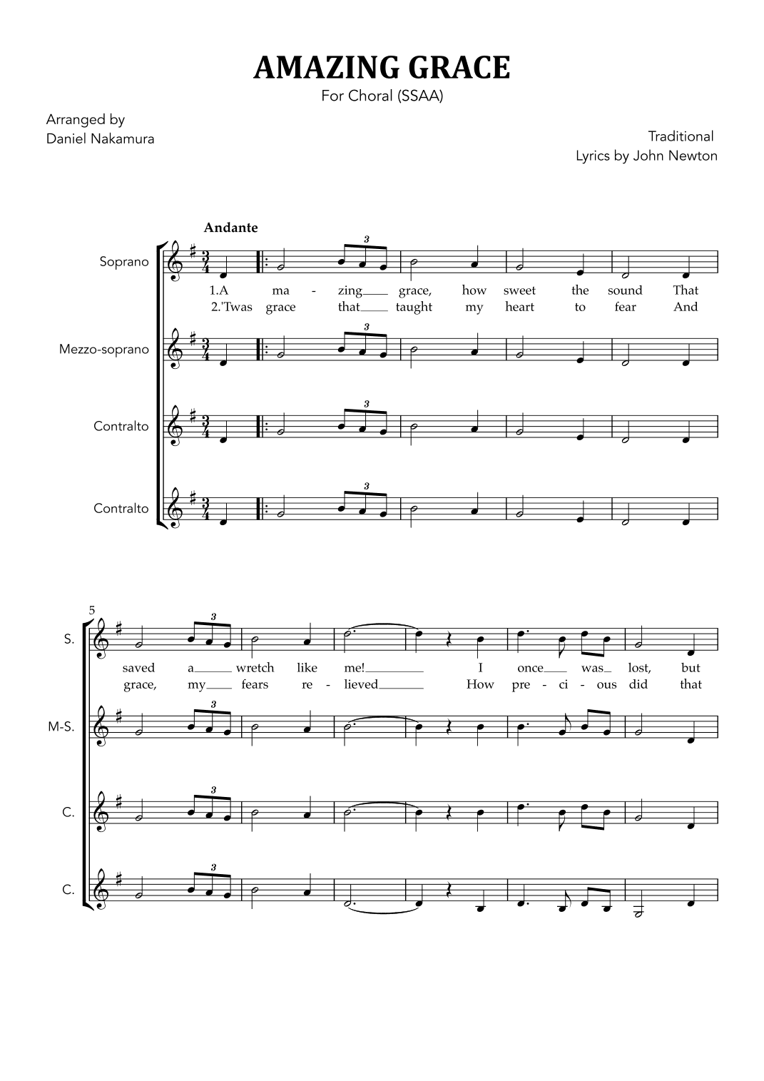 Amazing Grace (for Choral - SSAA) (arr. Daniel Nakamura)