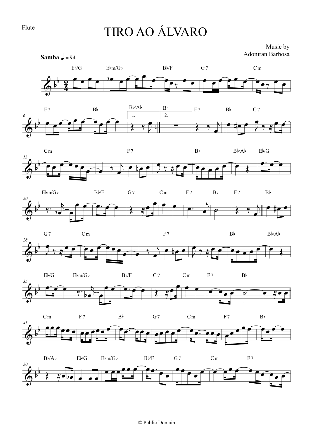 Tiro ao Álvaro by Adoniran Barbosa - Flute (arr. The Sheet Music Library)
