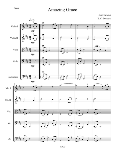 Amazing Grace for String Orchestra or Quintet (arr. B. C. Dockery)
