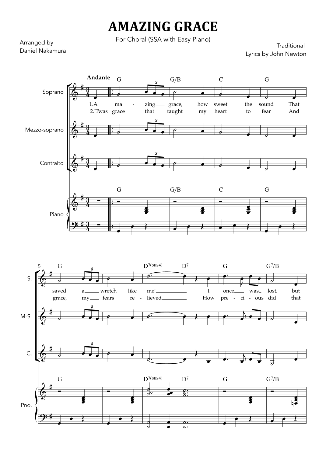 Amazing Grace (for Choral - SSA with Easy Piano) (arr. Daniel Nakamura)