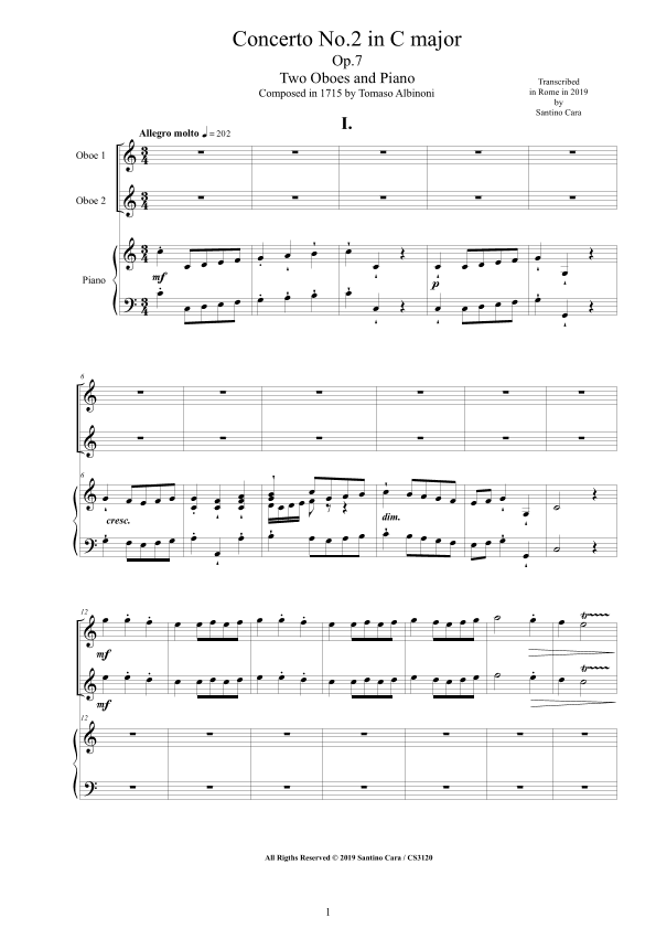 Albinoni - Concerto No.2 in C major Op.7 for Two Oboes and Piano (arr. Santino Cara)