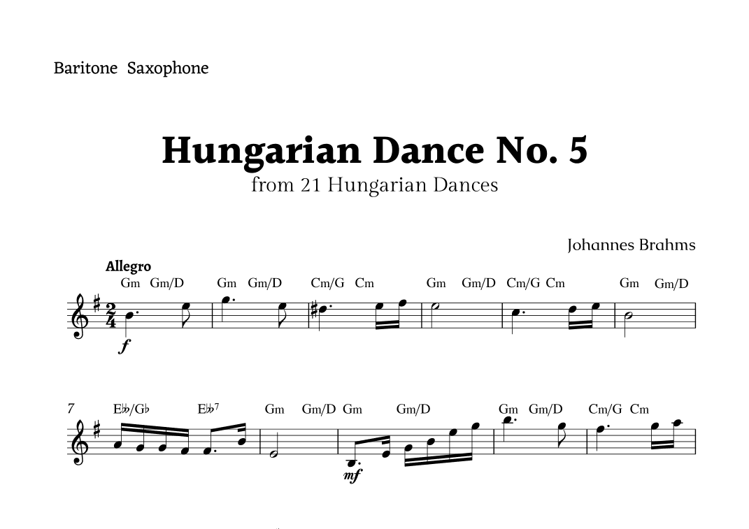 Hungarian Dance No. 5 by Brahms for Baritone Sax Solo with Chords (arr. Rika K.)