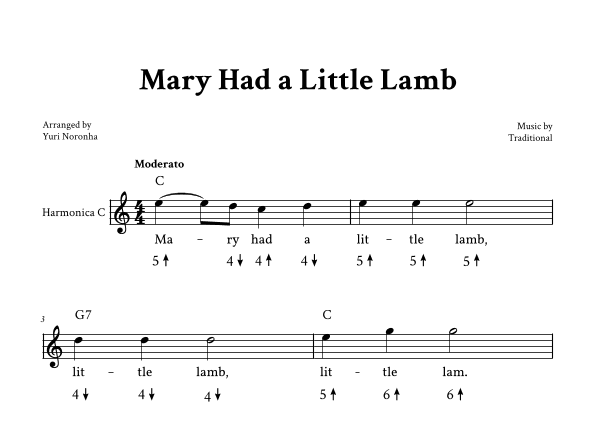 Mary Had a Little Lamb - For Harmonica in C (with TAB and Lyrics) (arr. Yuri Noronha)