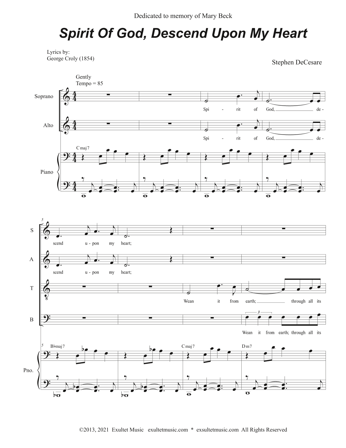 Spirit Of God, Descend Upon My Heart (Vocal Quartet - (SATB)