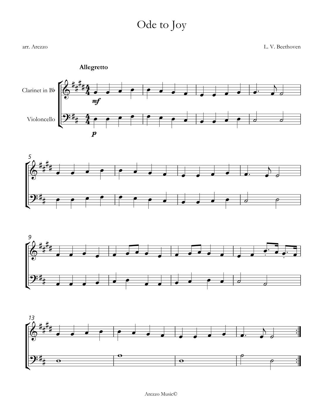 sheet music ode to joy clarinet and cello-beehoven - for beginners  (arr. Arezzo Music)