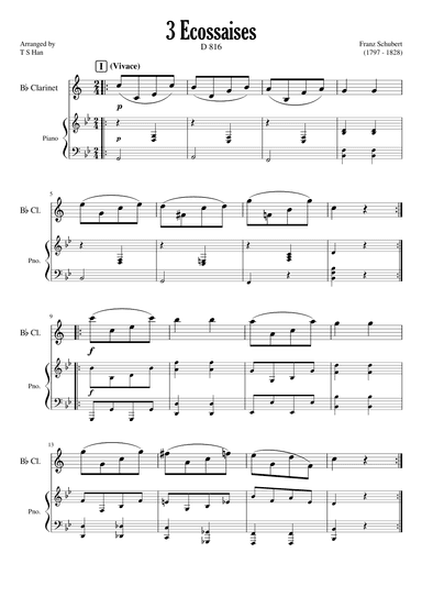 Schubert 3 Ecossaises for Clarinet and Piano, D 816 (arr. T S Han)