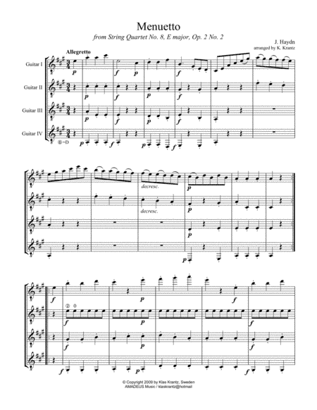 Menuetto from string quartet No. 8 for guitar quartet (arr. K. Krantz)