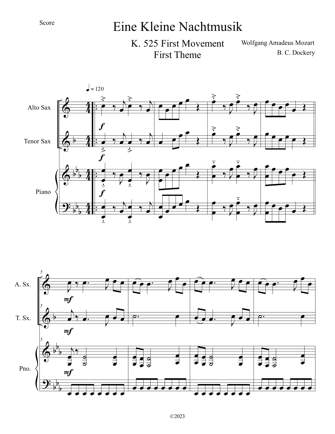 Eine Kleine Nachtmusik (A Little Night Music) for Alto and Tenor Sax Duet with Piano Accompaniment (arr. B. C. Dockery)