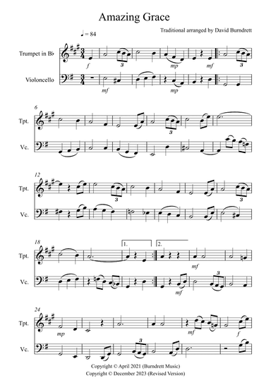Amazing Grace for Trumpet and Cello Duet (arr. David Burndrett)