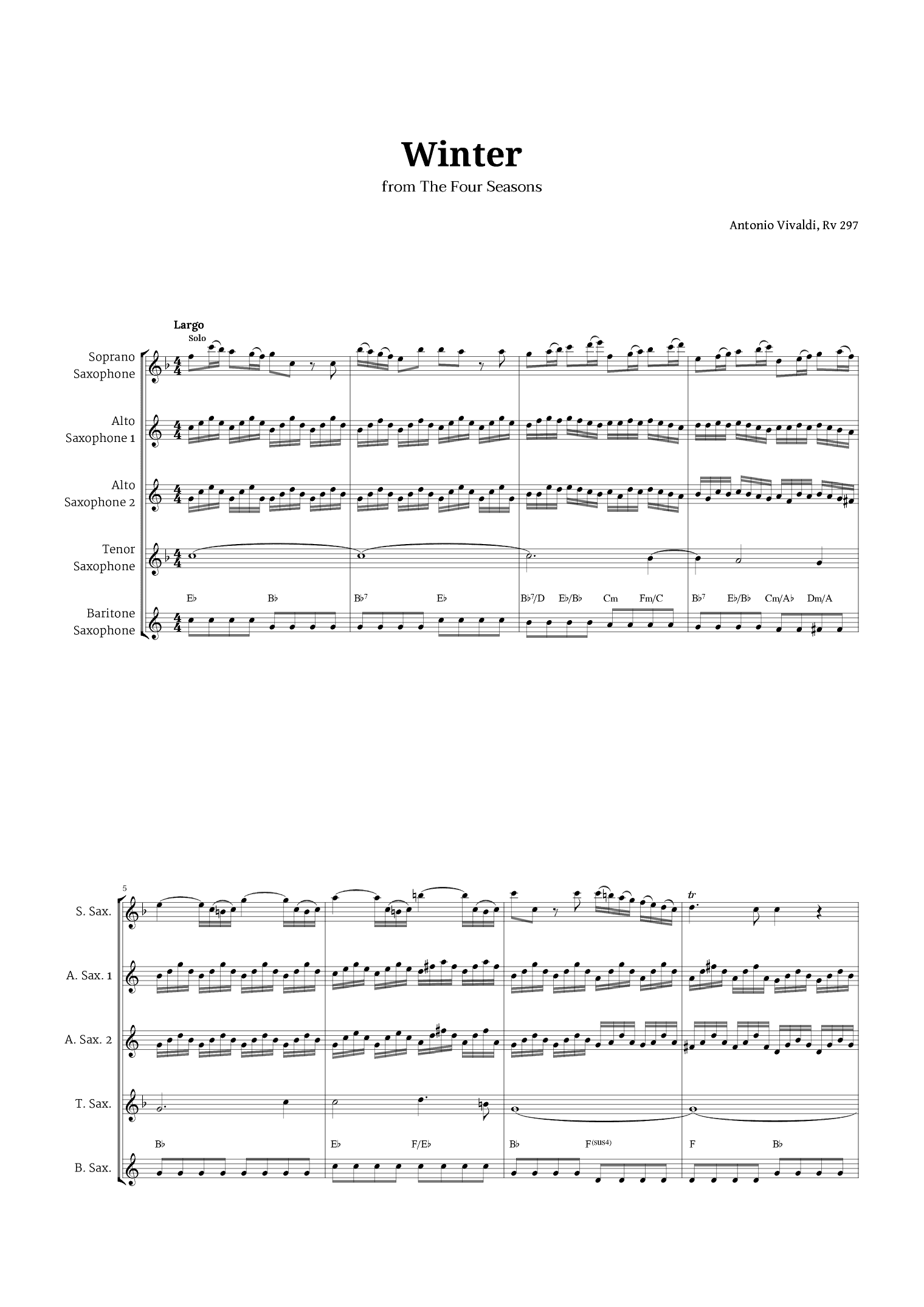Largo from Winter by Vivaldi for Sax Quintet with Chords (arr. Langanho)