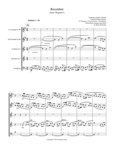 Recordare (from "Requiem") (F) (Brass Quintet - 2 Trp, 2 Hrn, 1 Trb) (arr. Regis Bookshar)