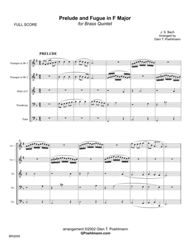PRELUDE and FUGUE in F MAJOR (J.S. Bach) arranged for BRASS QUINTET (arr. Glen Poehlmann)