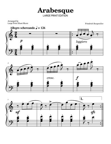 Arabesque by Burgmuller LARGE PRINT EDITION (arr. Large Print Sheet Music)
