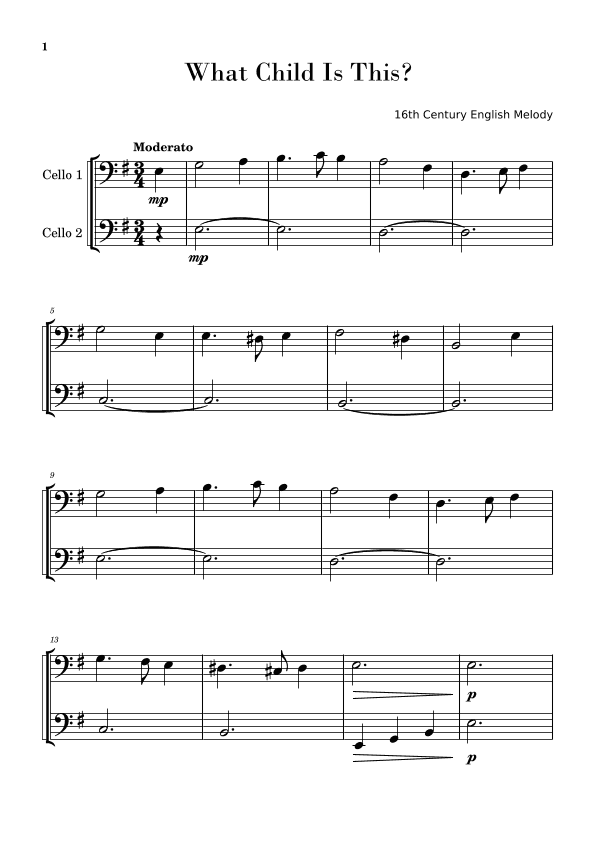 What Child Is This? (Greensleeves) for Easy Cello Duet (arr. Gisele Sant'Ana)