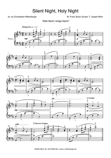 Silent Night, Holy Night for Piano Solo (Stille Nacht, heilige Nacht) (arr. Christopher Miltenberger)