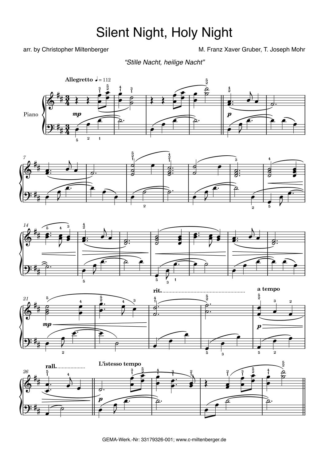 Silent Night, Holy Night for Piano Solo (Stille Nacht, heilige Nacht) (arr. Christopher Miltenberger)