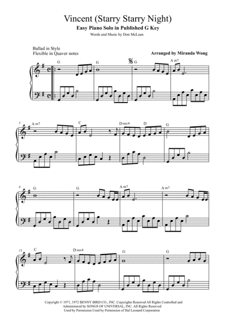 Vincent (Starry Starry Night) (arr. Miranda Wong)