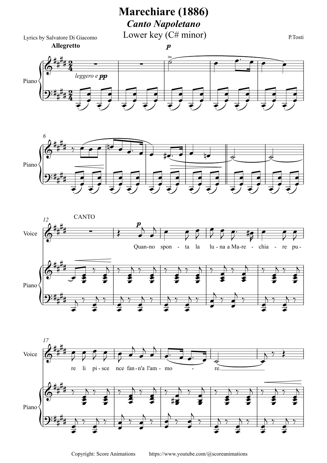 "Marechiare" Lower key (C-sharp minor) (arr. Score Animations)