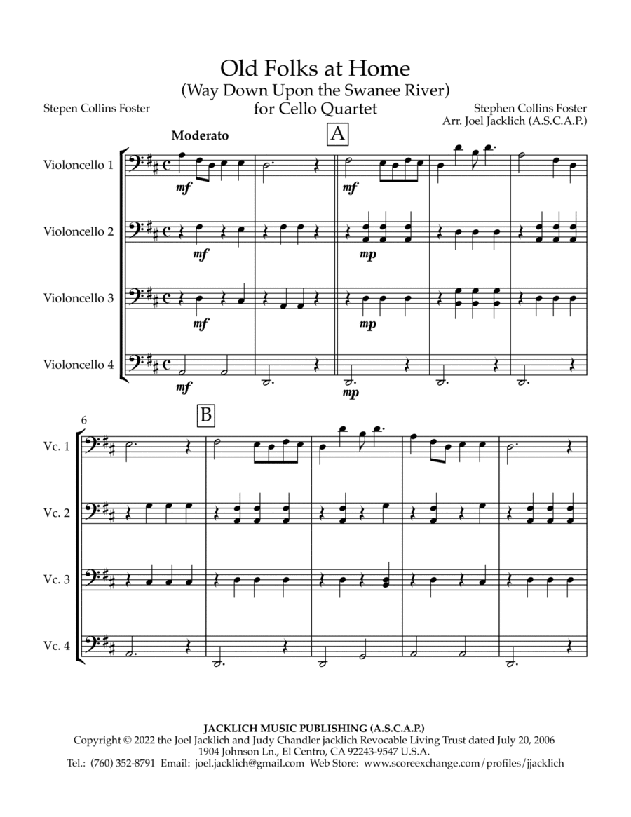Old Folks at Home (Way Down Upon the Swanee River) for Cello Quartet (arr. Joel Jacklich (ASCAP))