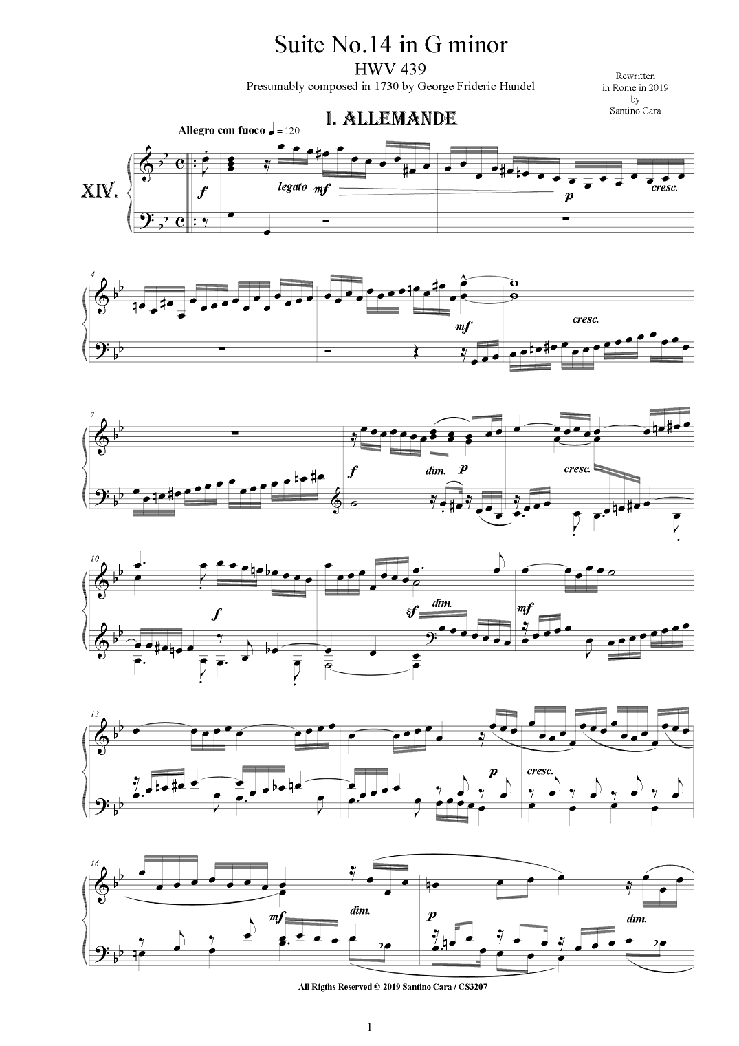 Handel - Piano Suite No.14 in G minor HWV 439 (arr. Santino Cara)