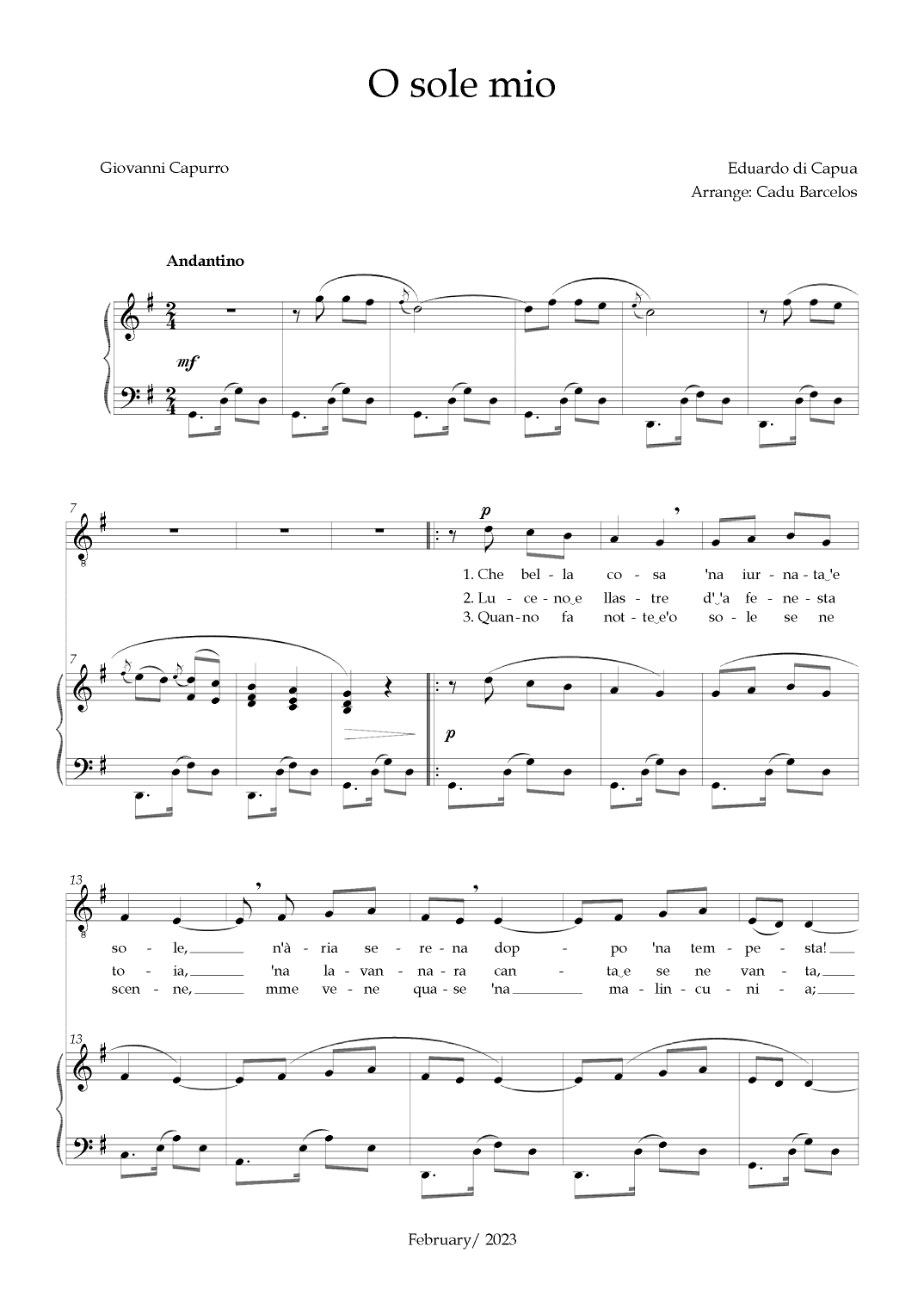O Sole Mio (Eduardo di Capua) - G Major (arr. Cadu Barcelos)