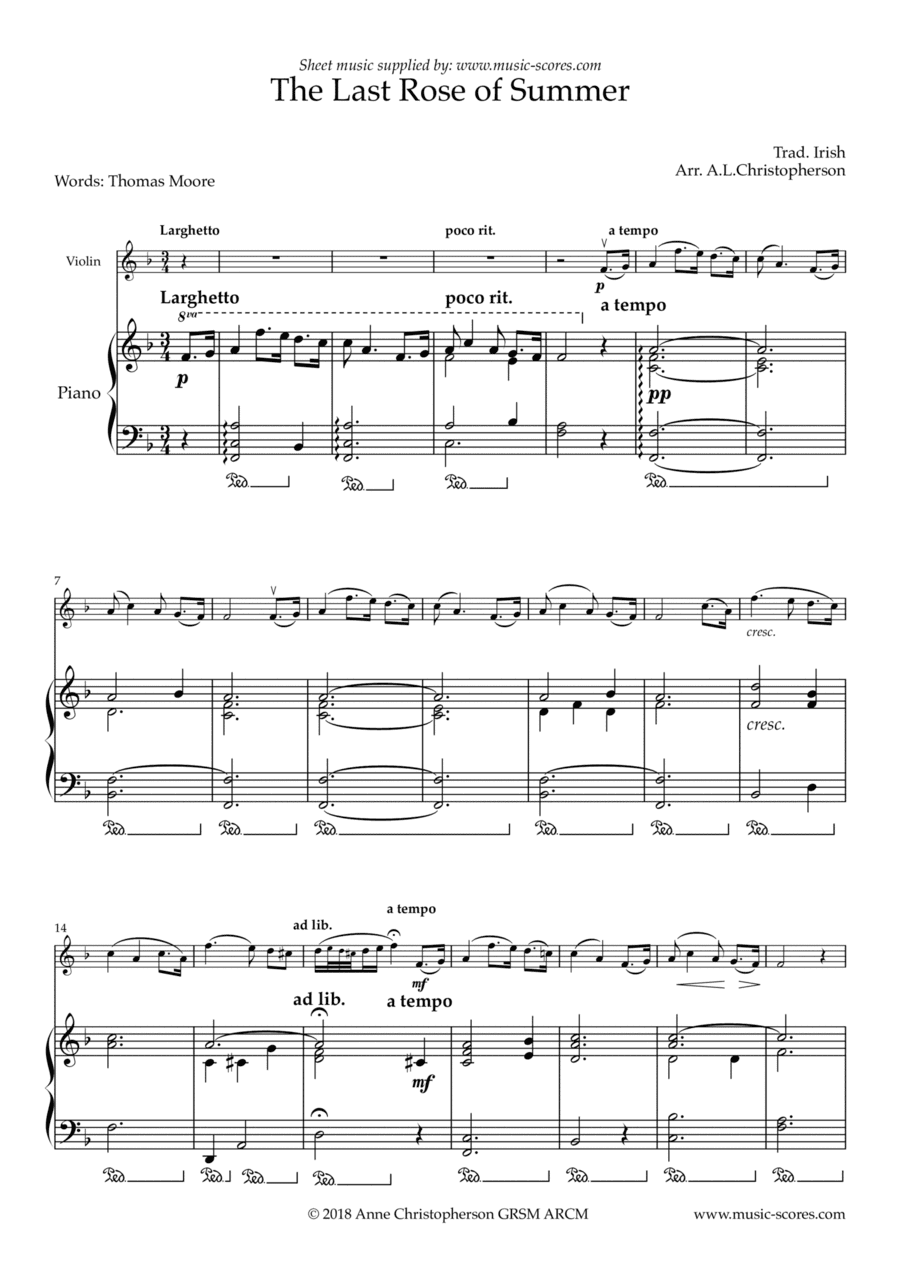 The Last Rose of Summer - Violin and Piano (arr. Anne L Christopherson GRSM ARCM)