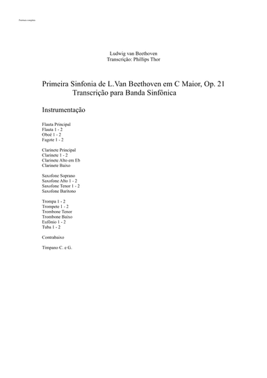 Beethoven Symphony 1° - for concert band - Score Only