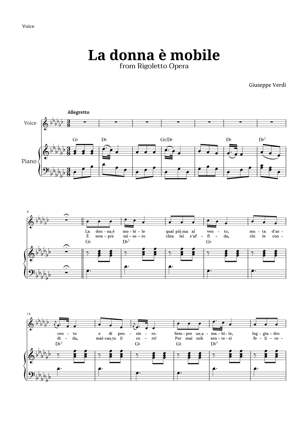 La donna è mobile in G-flat major for Voice and Piano (arr. Langanho)