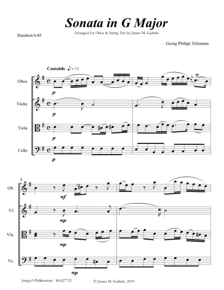 Telemann: Sonata in G Major for Oboe & String Trio (arr. James M. Guthrie, ASCAP)