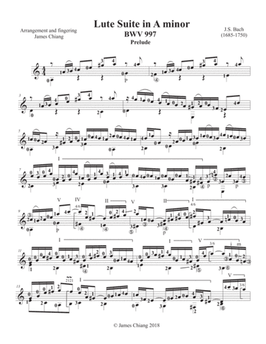 Bach - Lute Suite in A minor (BWV 997) for classical guitar. (arr. James Chiang)