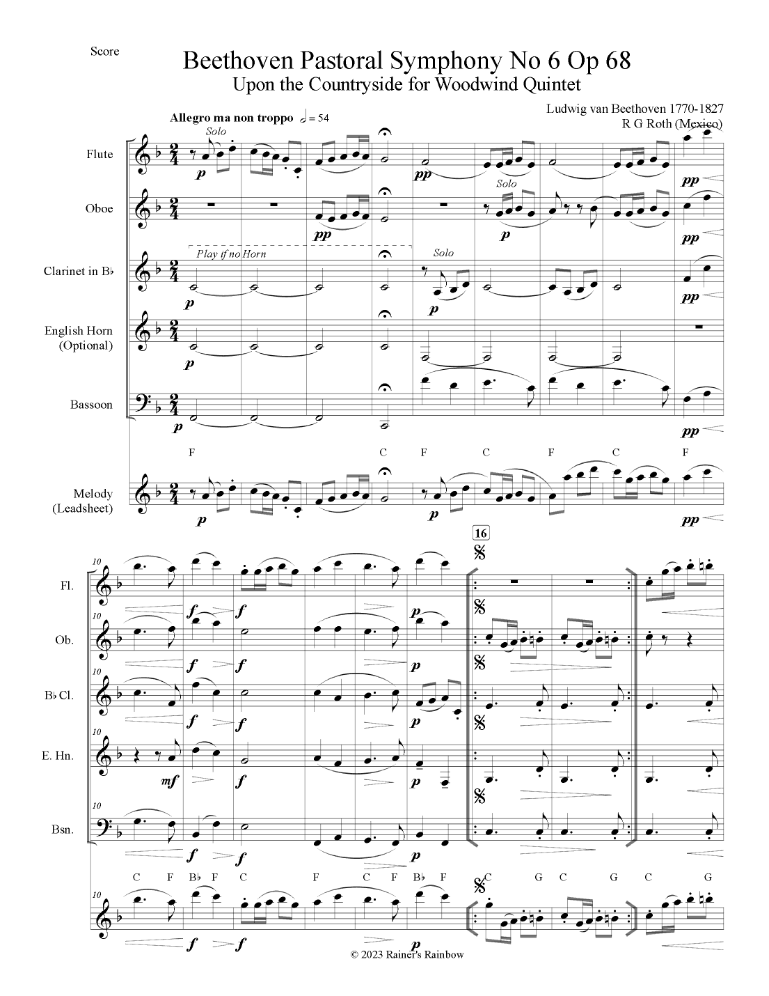 Beethoven Pastoral Symphony No 6 Countryside Arrival Woodwind Quintet (arr. R G Roth)