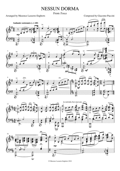 ''Nessun dorma'' for Solo Piano (arr. Maxence Lasserre-Engberts)