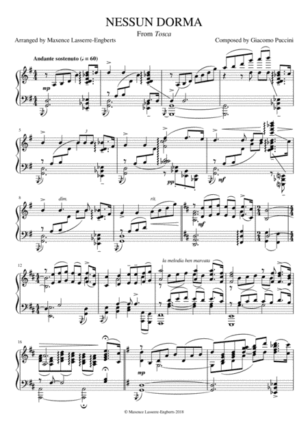 ''Nessun dorma'' for Solo Piano (arr. Maxence Lasserre-Engberts)