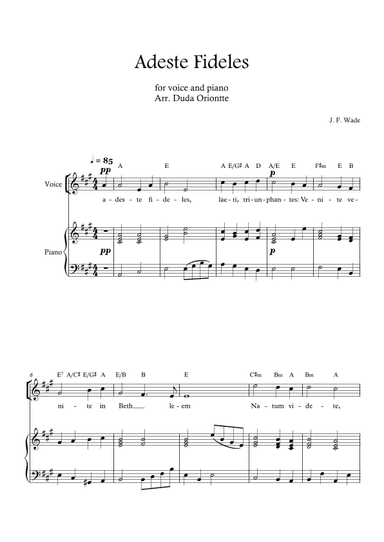 Adeste Fideles (one voice - A major - with piano - with chords) O Come All Ye Faiful (arr. Duda Oriontte)