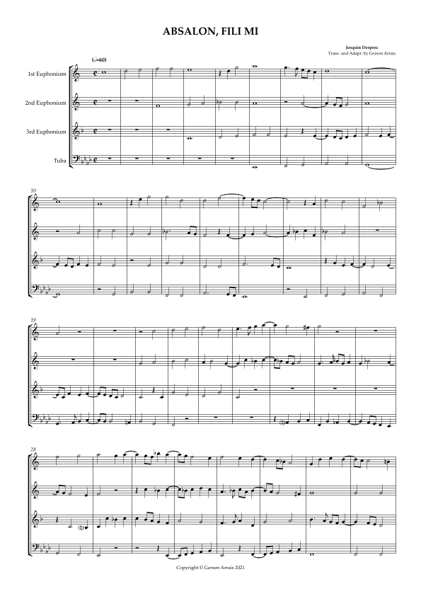 ABSALON, FILI MI - Josquin Desprez - for Low Brass Quartet - Score and Parts (arr. Gerson Arrais)