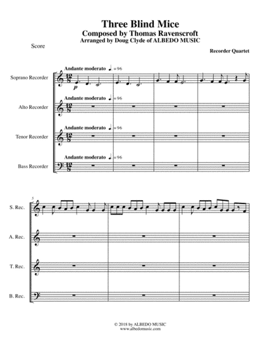 Three Blind Mice for Recorder Quartet (arr. Doug Clyde)